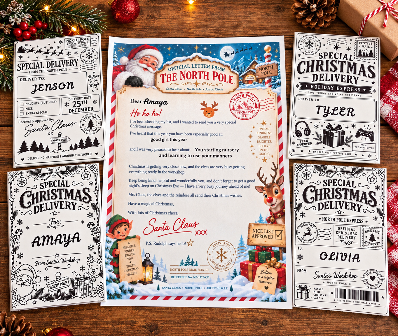 Christmas delivery labels displayed around a personalised Santa letter