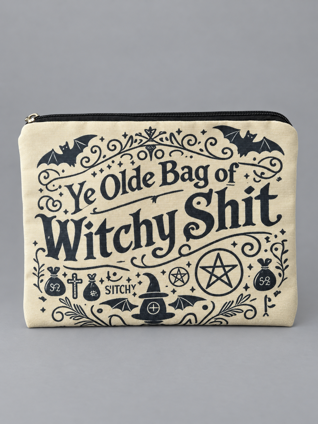 Beige Witchy Lined Pouch: 8.5 × 6.5 inches (approx. 21.6 × 16.5 cm) · zip fastening · lined