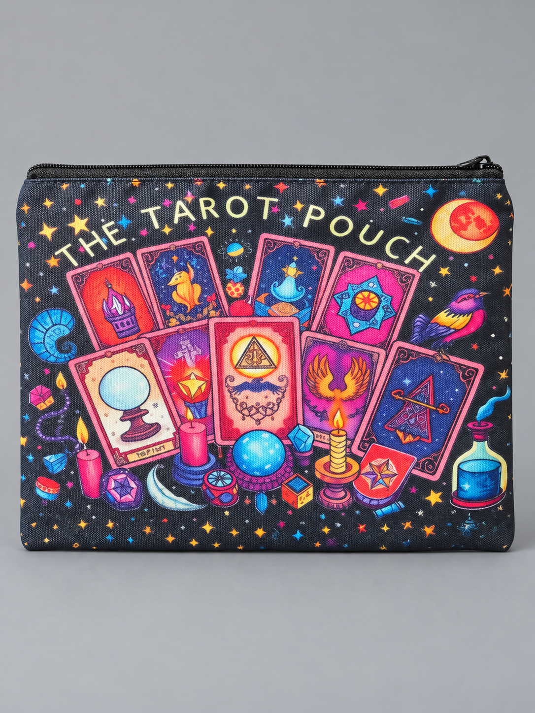 Colourful Tarot Pouch: 8.5 × 6.5 inches (approx. 21.6 × 16.5 cm) · zip fastening · unlined