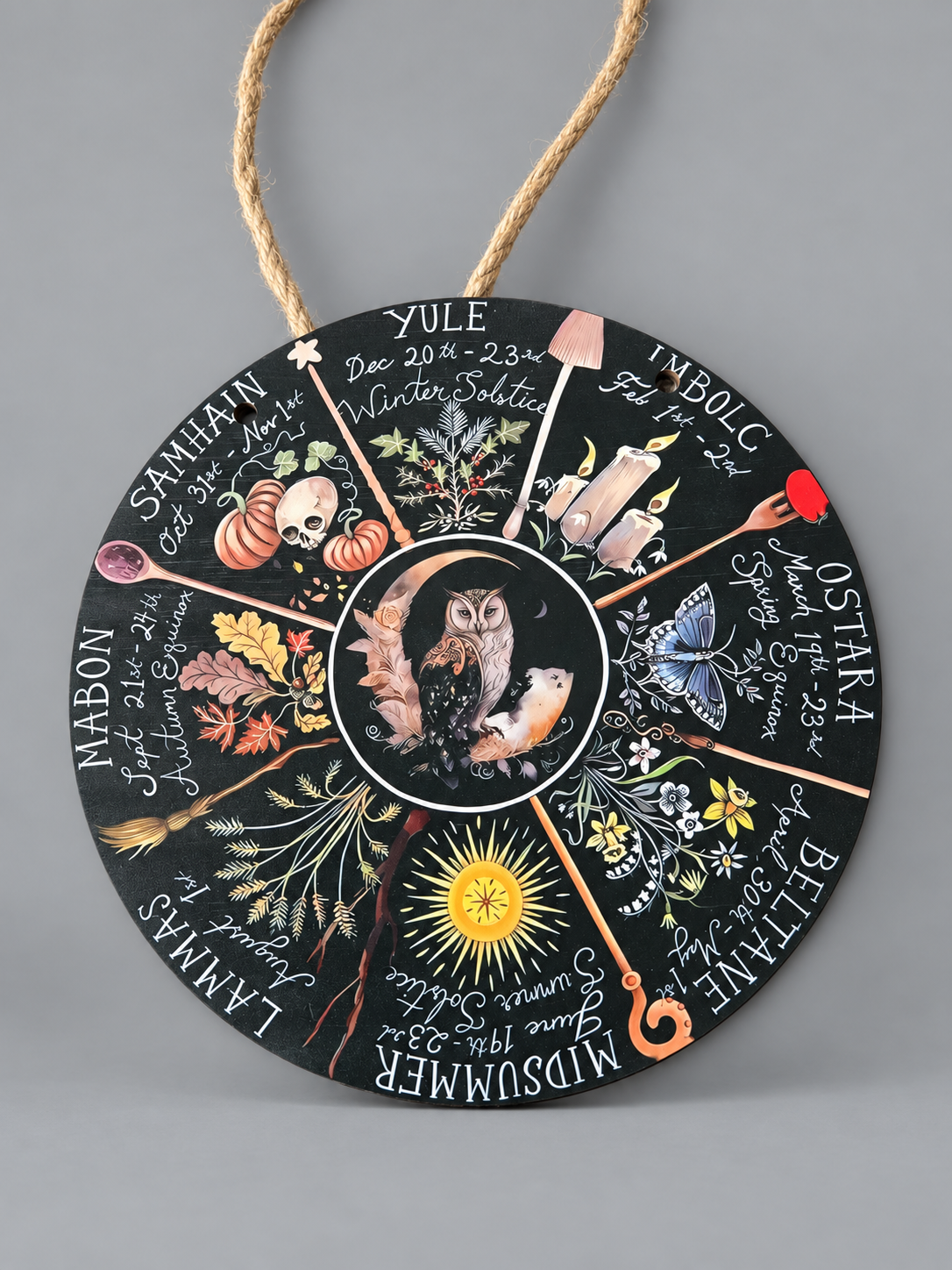Wheel of the Year Hanging Plaque: 20 cm diameter · wooden plaque · jute hanging cord